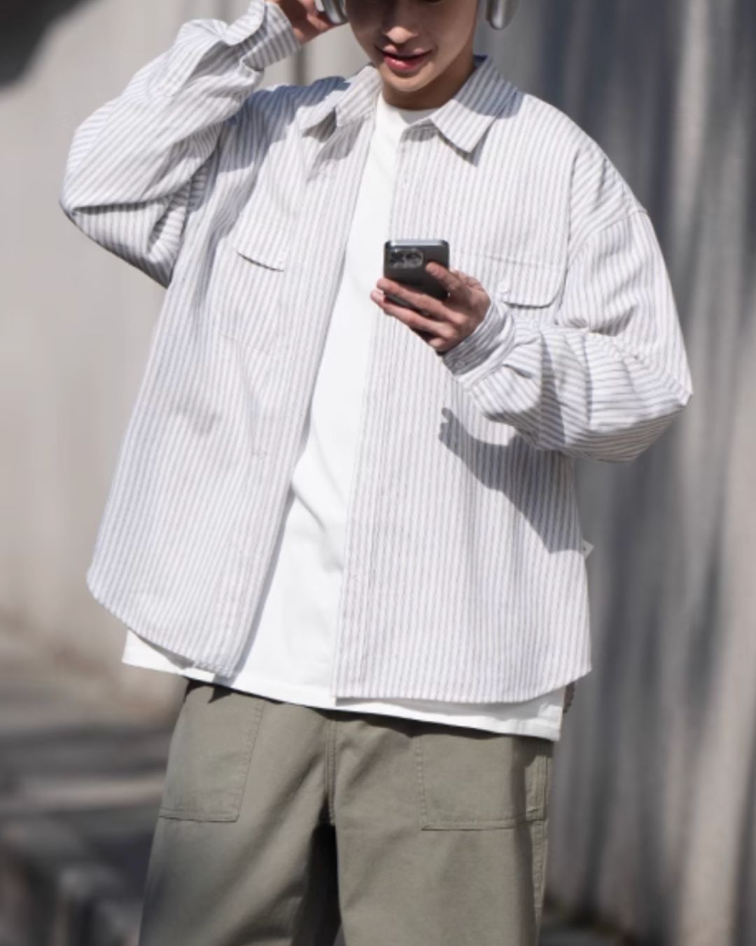 【ホワイト 一週間以内に発送】Double Pocket Striped Shirt LS066