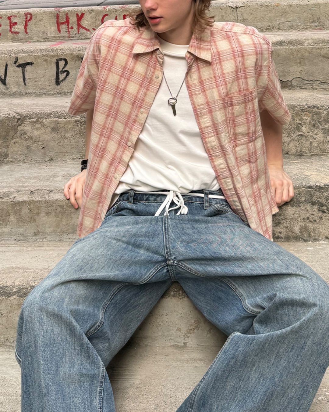 Red Checked Cut-off Shirt SS073