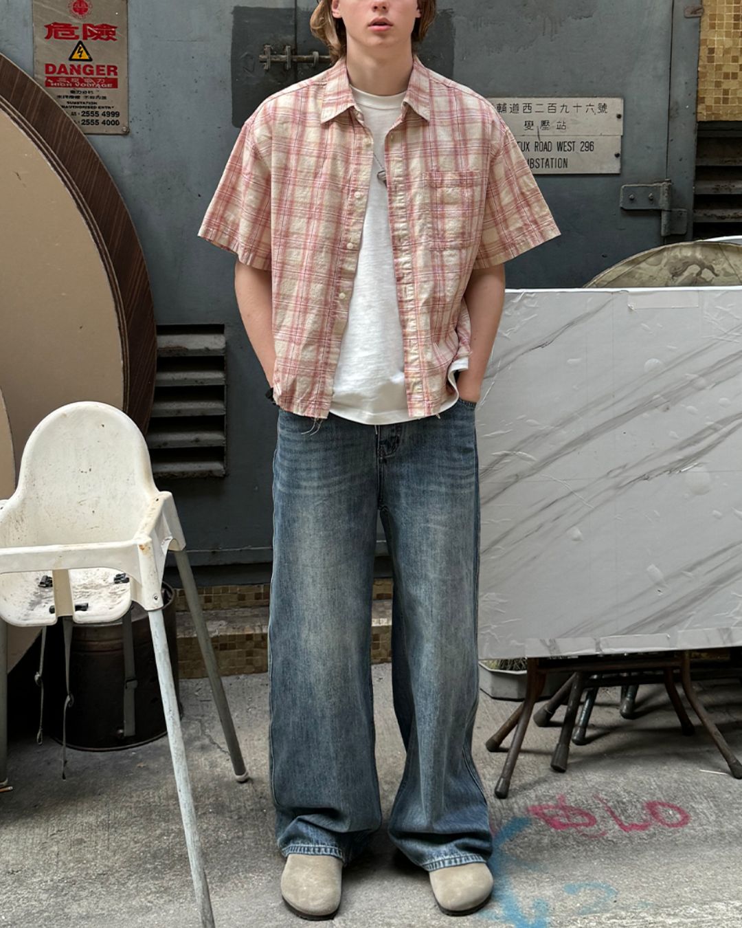 Red Checked Cut-off Shirt SS073