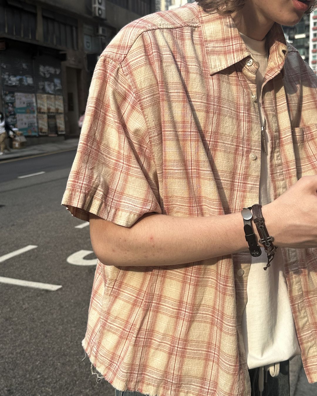 Red Checked Cut-off Shirt SS073