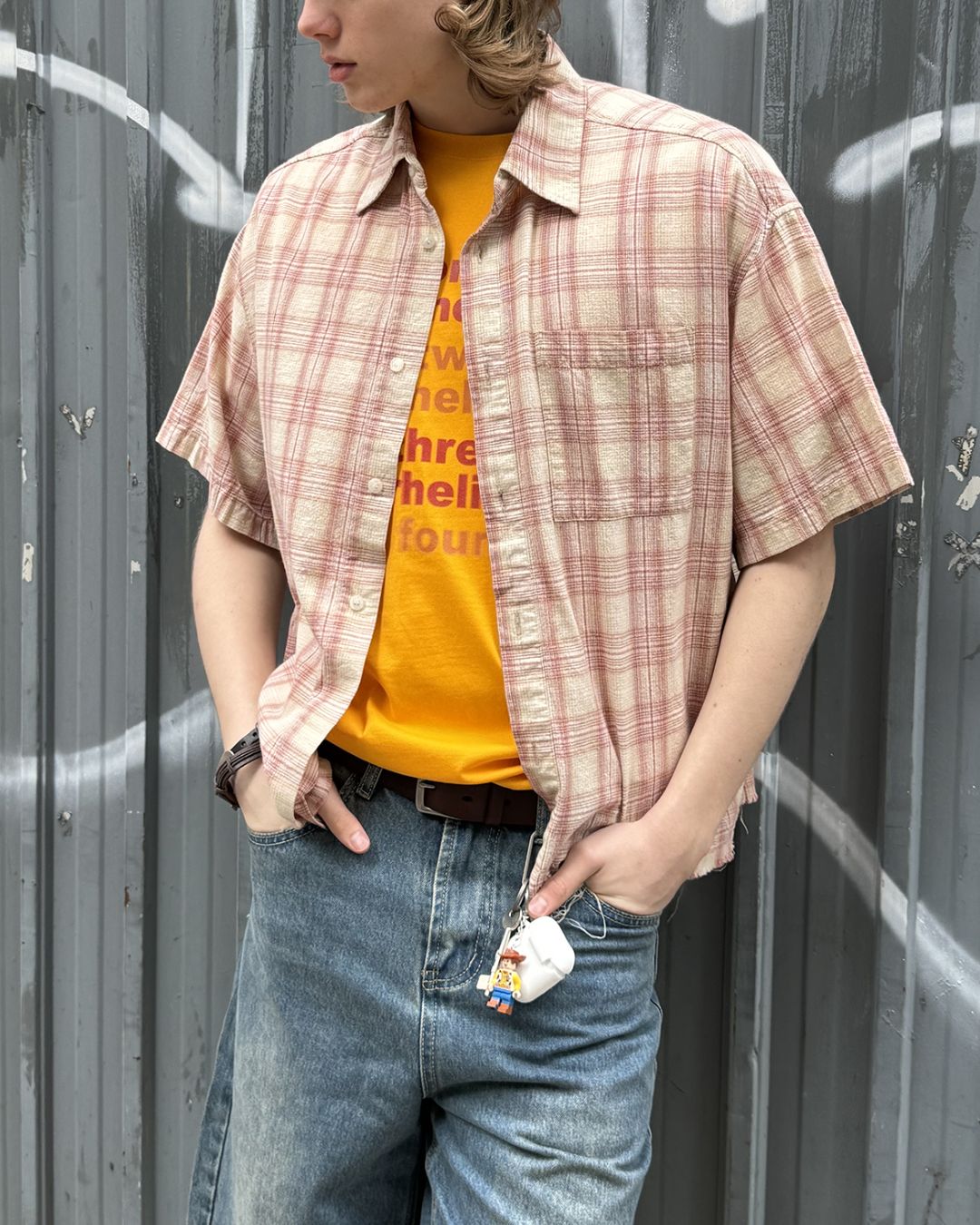 Red Checked Cut-off Shirt SS073