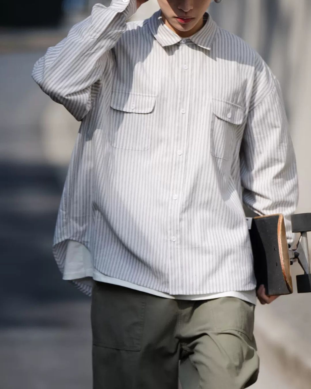 【ホワイト 一週間以内に発送】Double Pocket Striped Shirt LS066