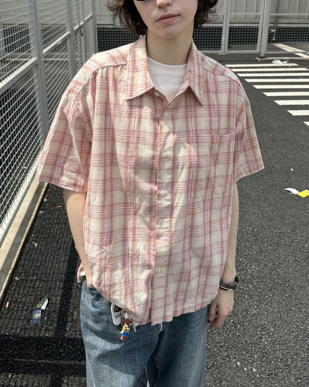 Red Checked Cut-off Shirt SS073
