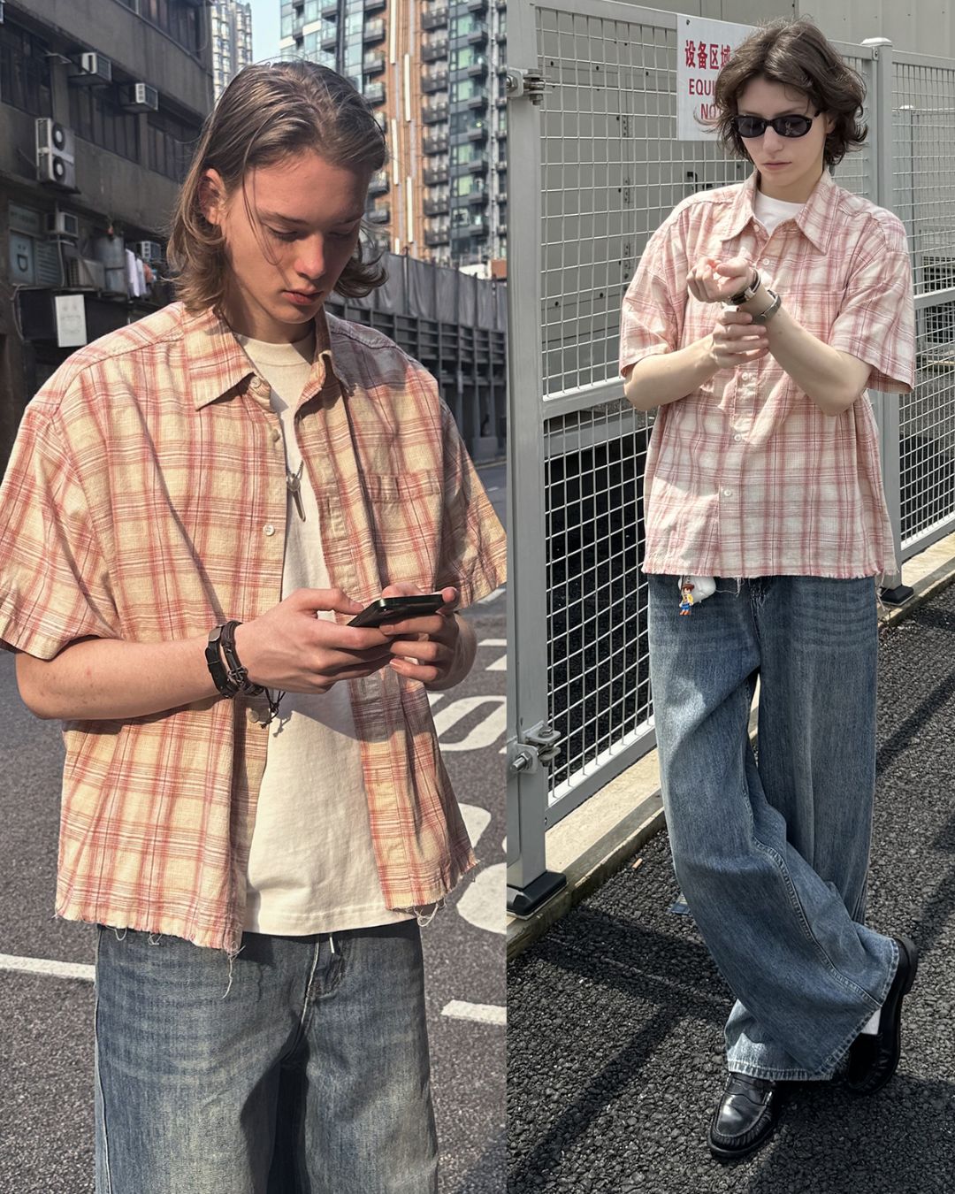 Red Checked Cut-off Shirt SS073