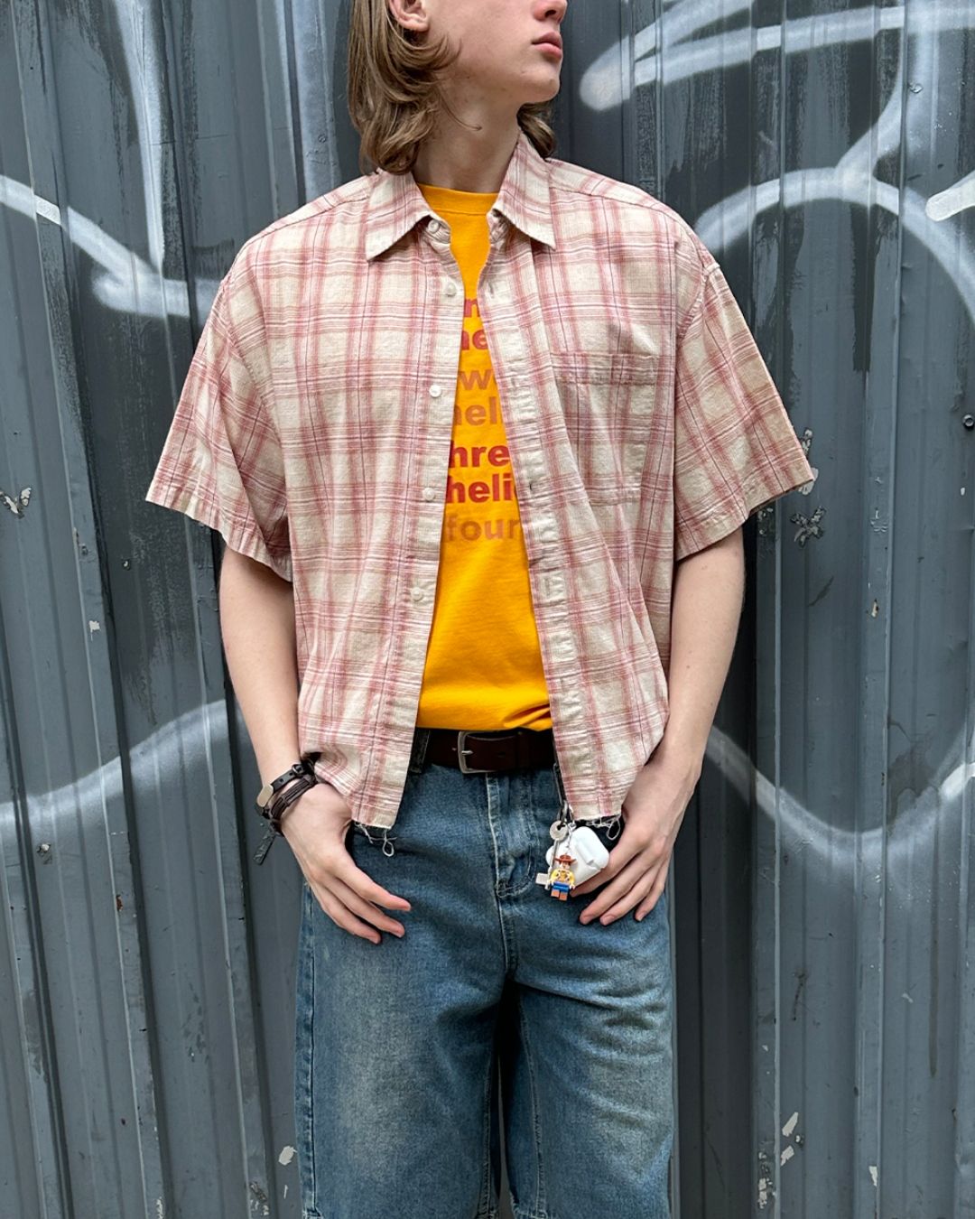 Red Checked Cut-off Shirt SS073