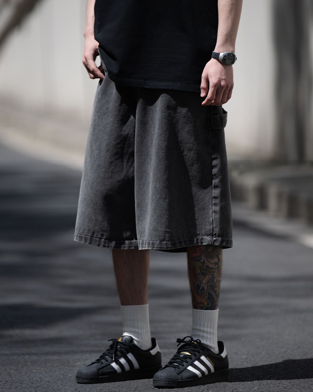 Washed Black Half Denim Pants SP066