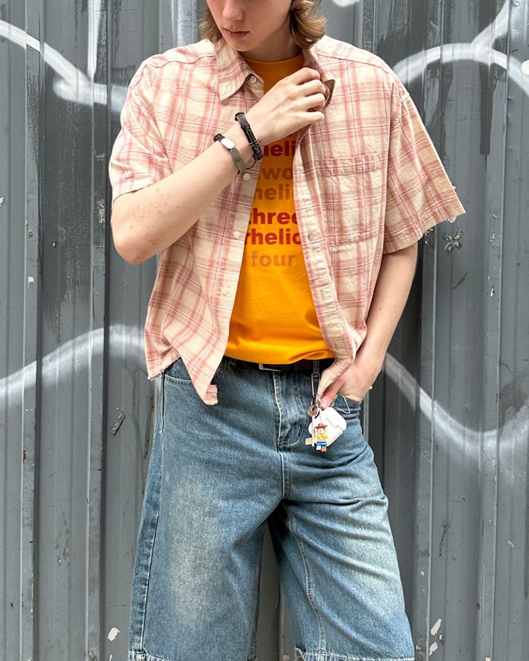 Red Checked Cut-off Shirt SS073
