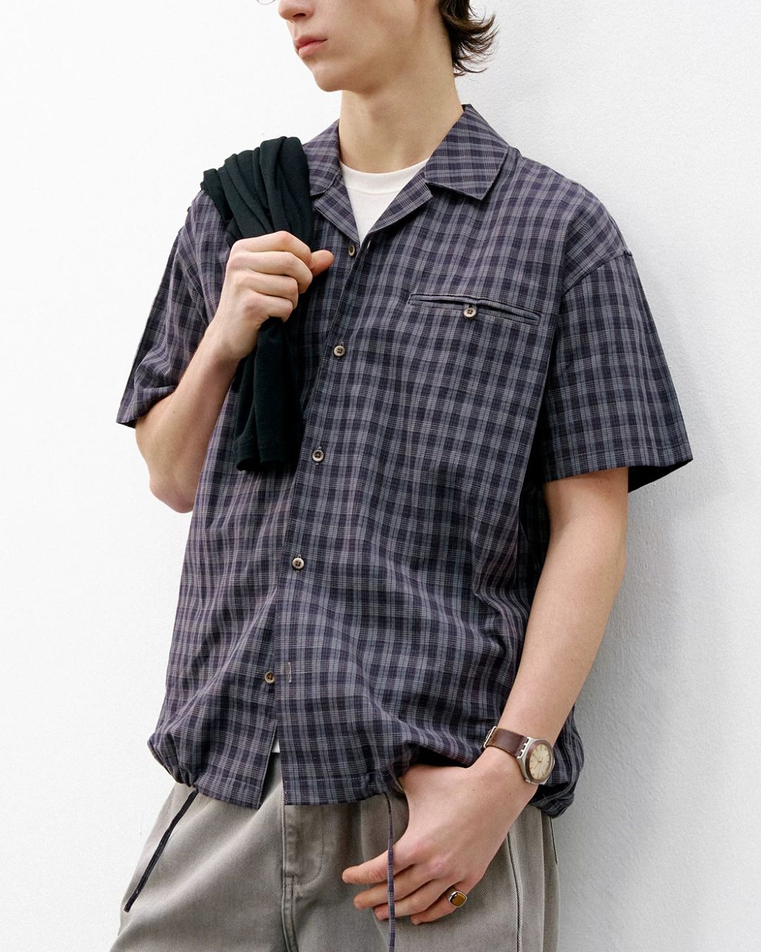 Open Collar Linen Check Shirt　SS083