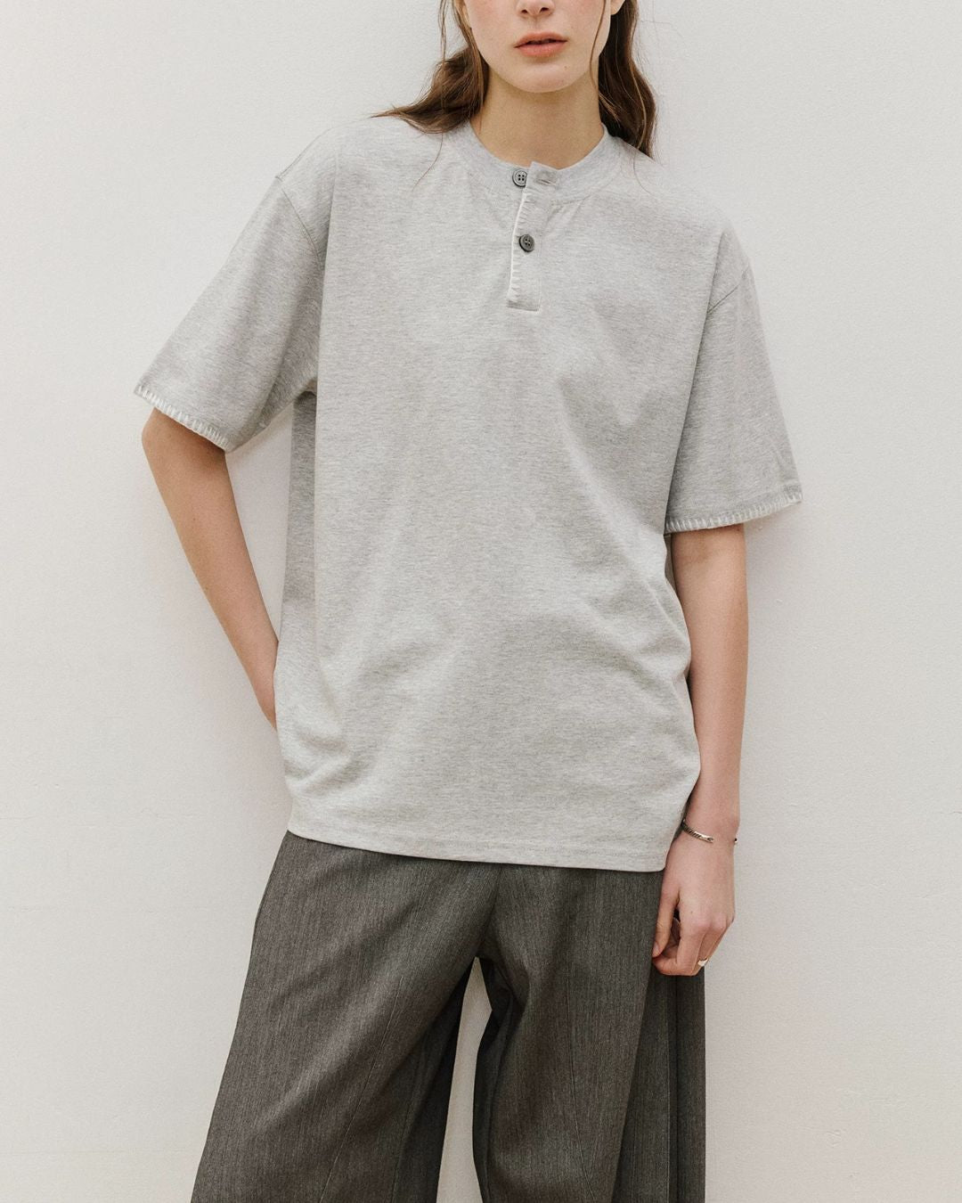 Stitched Henley Neck T-Shirt　ST198