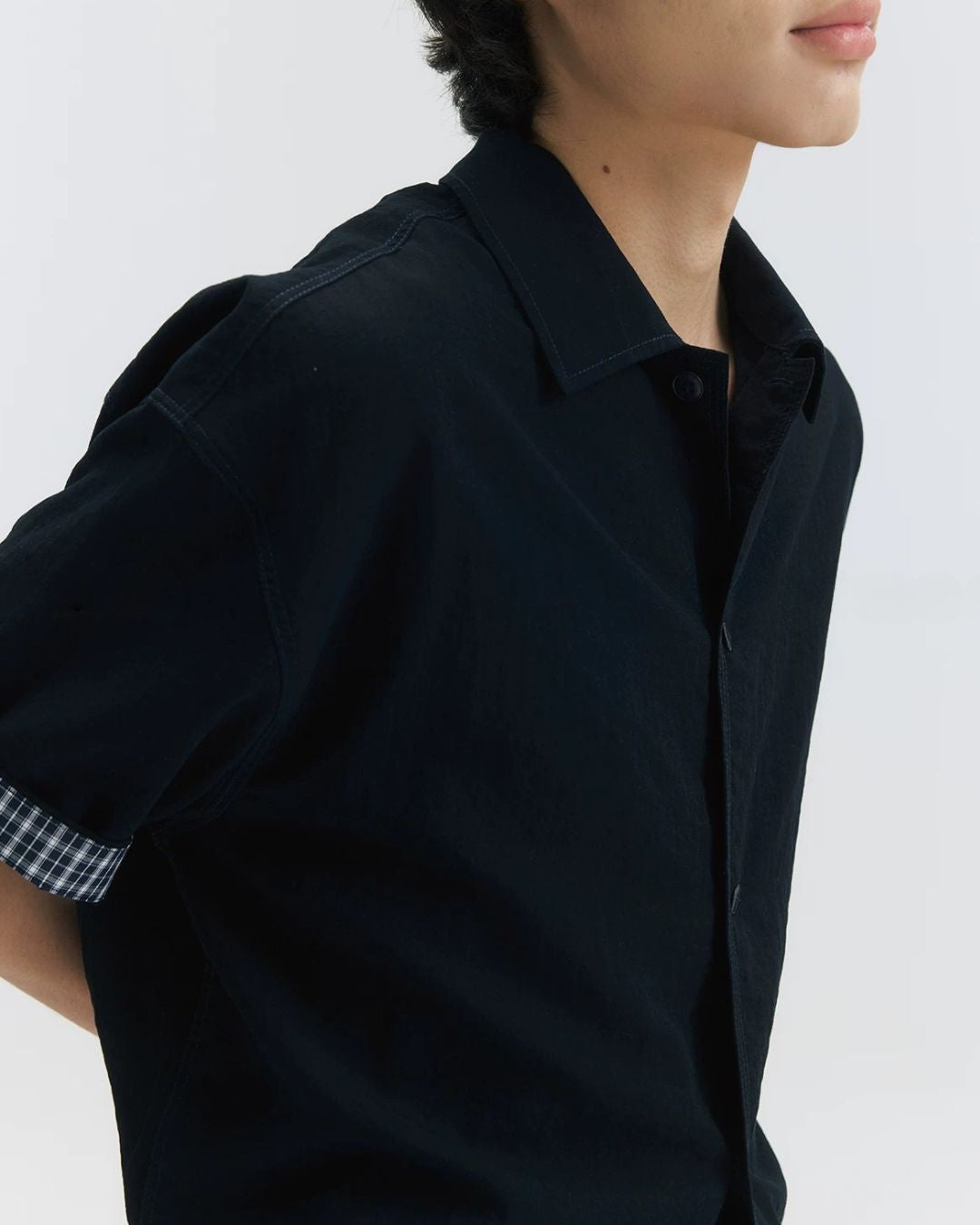 Checked Sleeve Nylon Blend Shirt　SS086