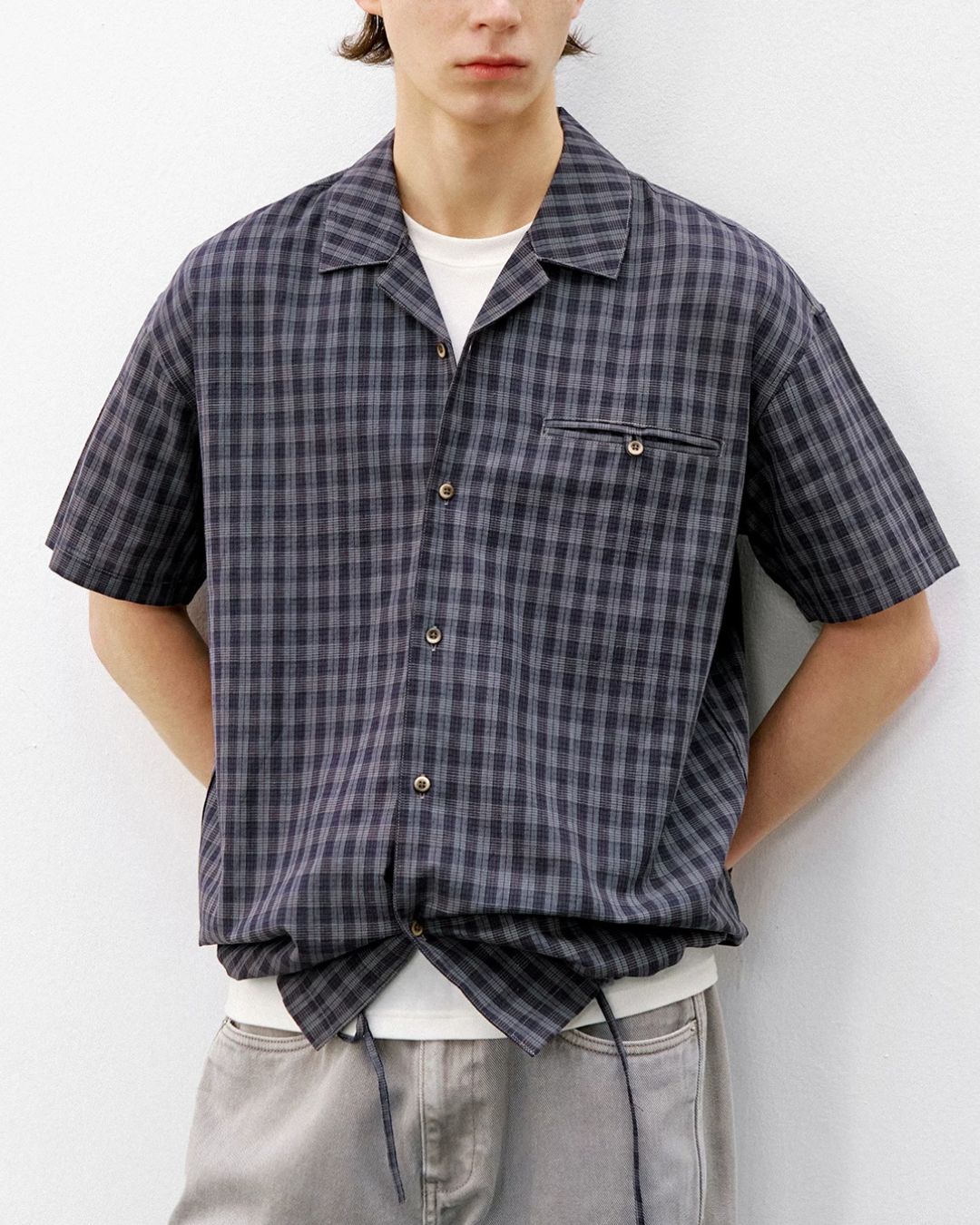 Open Collar Linen Check Shirt　SS083