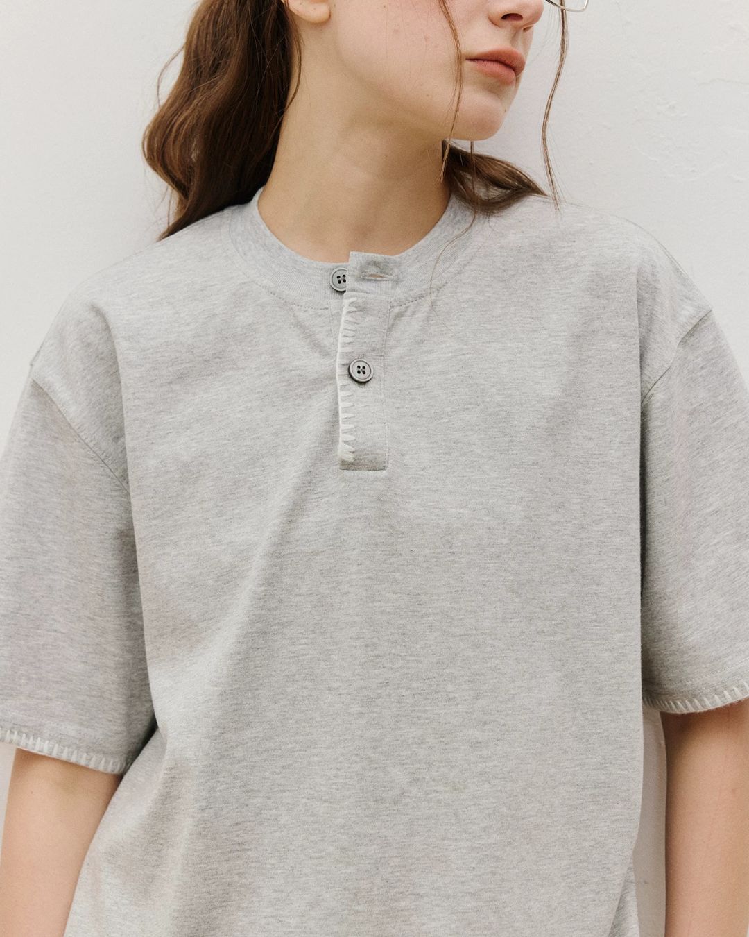 Stitched Henley Neck T-Shirt　ST198