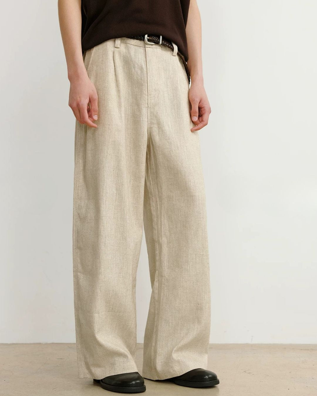 Linen-Blend Wide Pleated Pants　WP112