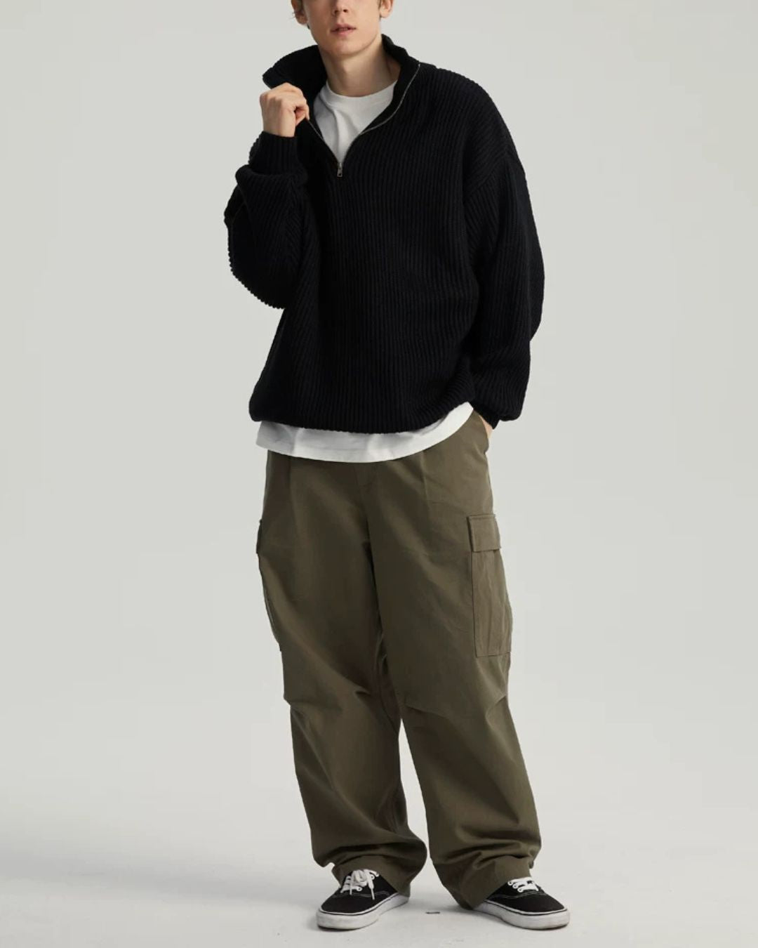 Wool Blend Ribbed Half Zip Knit　KN054