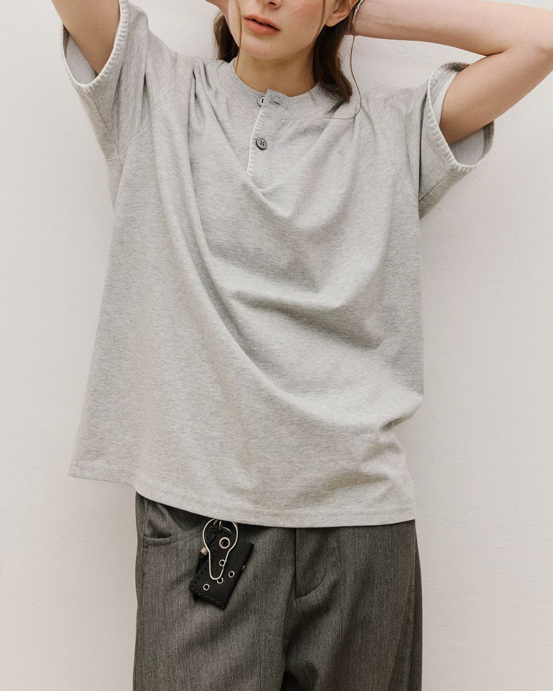 Stitched Henley Neck T-Shirt　ST198