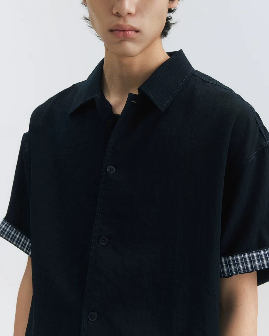 Checked Sleeve Nylon Blend Shirt　SS086