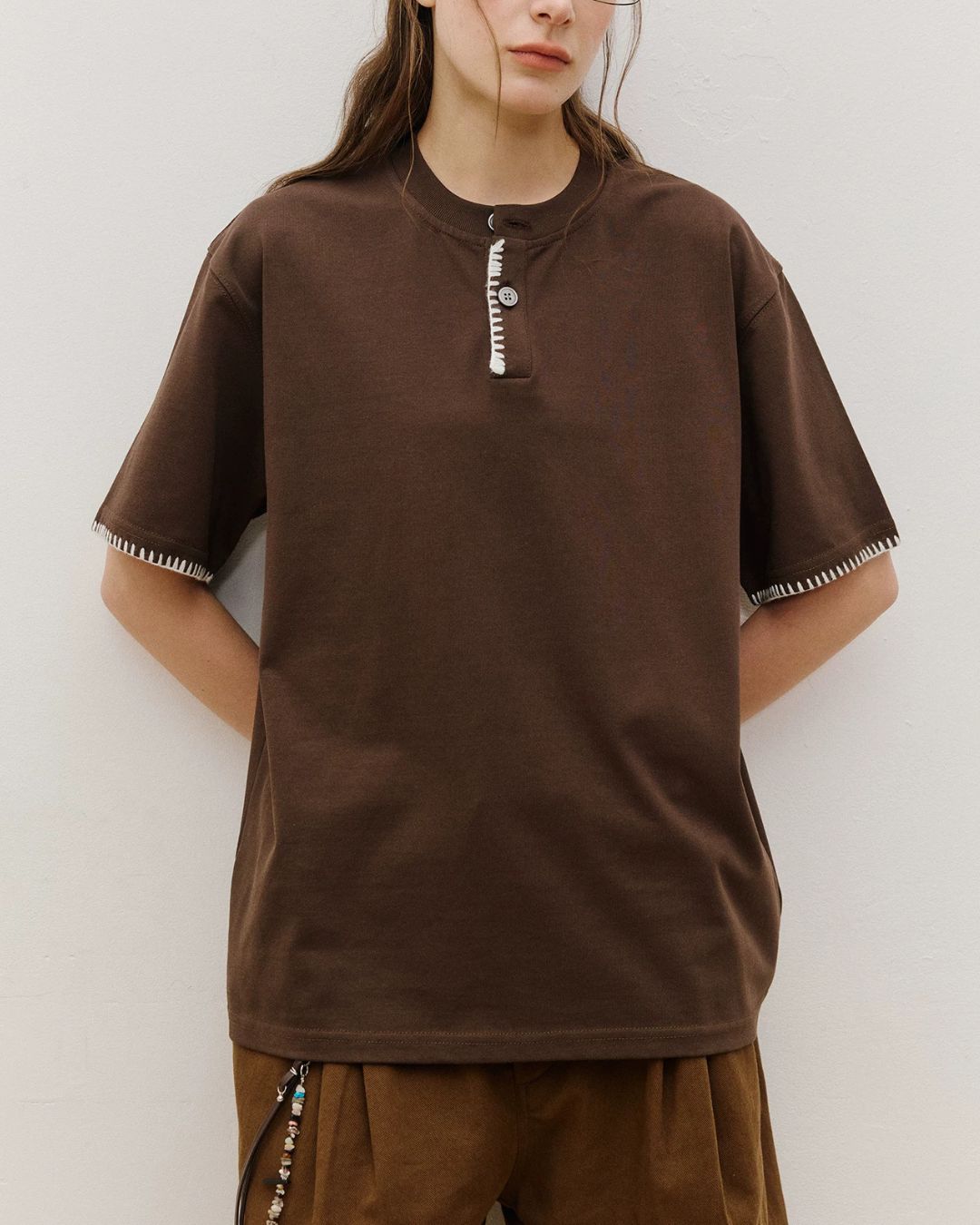 Stitched Henley Neck T-Shirt　ST198