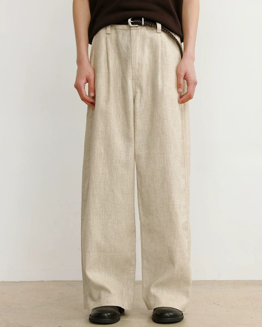 Linen-Blend Wide Pleated Pants　WP112
