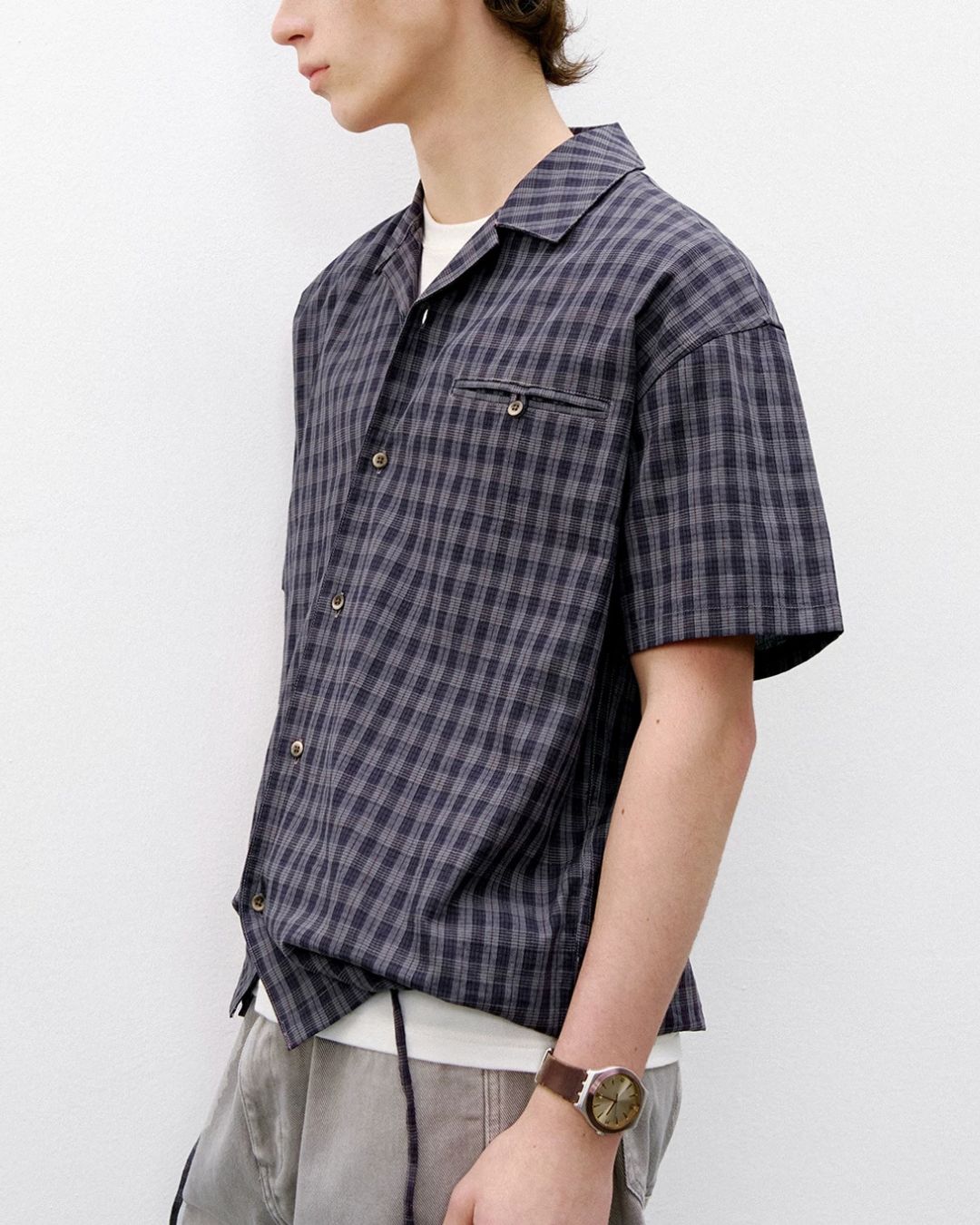 Open Collar Linen Check Shirt　SS083