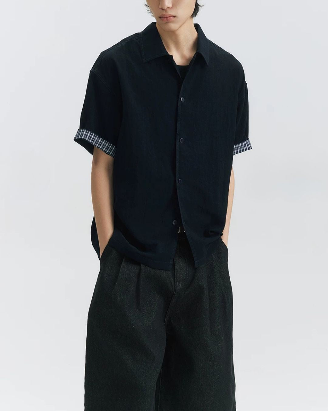 Checked Sleeve Nylon Blend Shirt　SS086