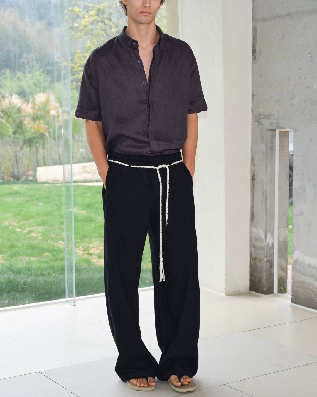 Tassel-Tie Curved Linen Pants　WP111