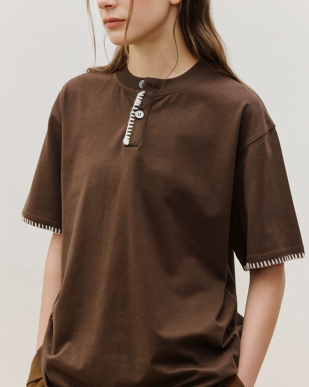 Stitched Henley Neck T-Shirt　ST198