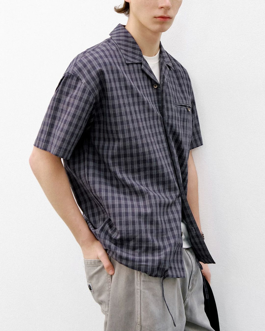 Open Collar Linen Check Shirt　SS083