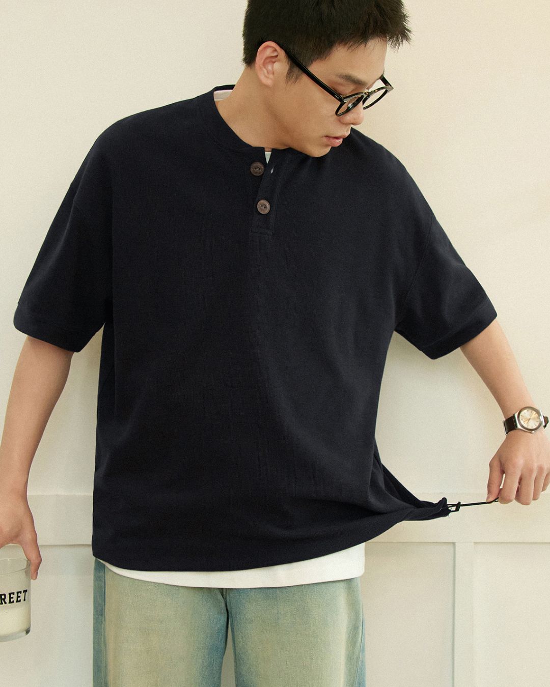 Waffle Henley Neck T-shirt　ST153