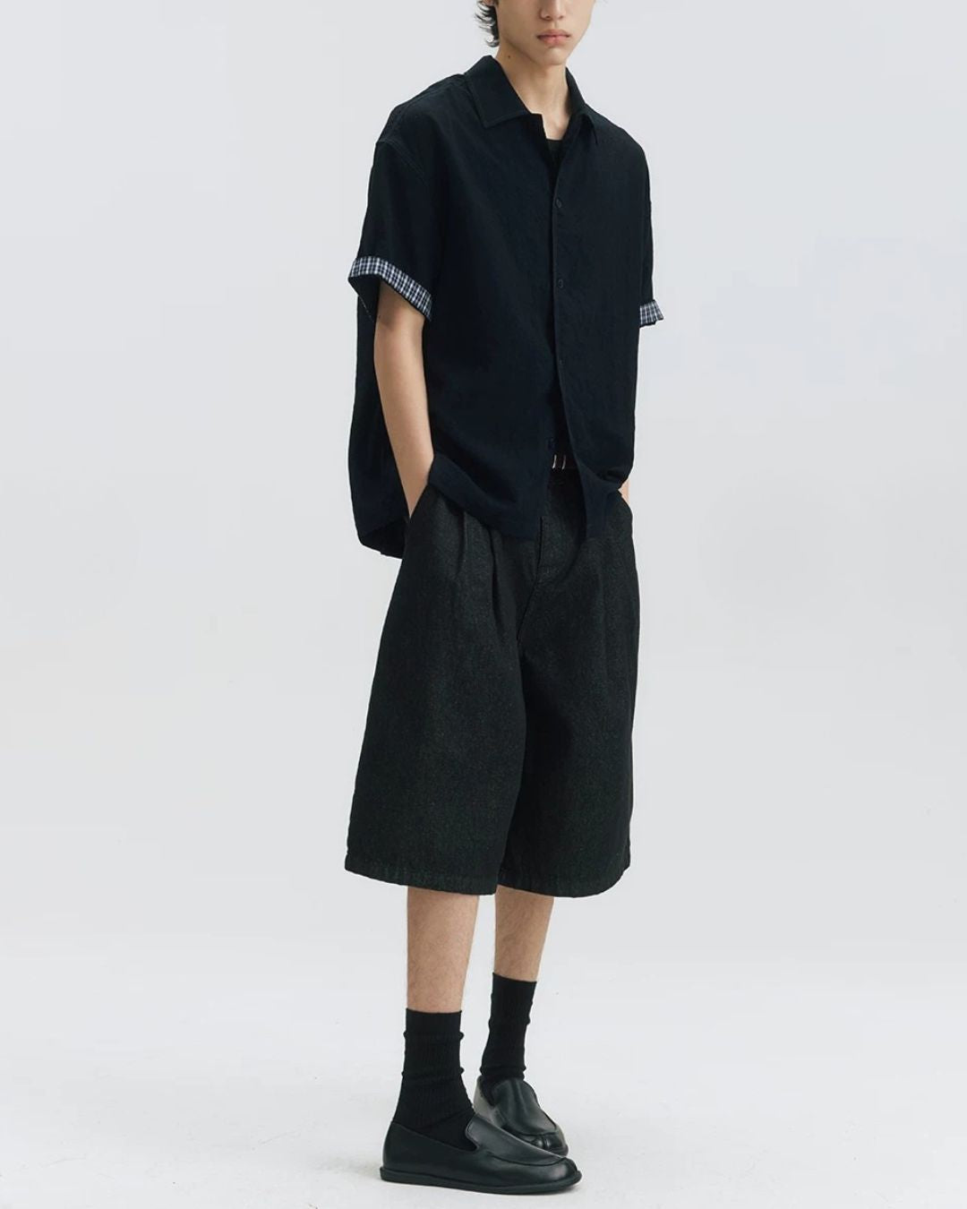 Checked Sleeve Nylon Blend Shirt　SS086