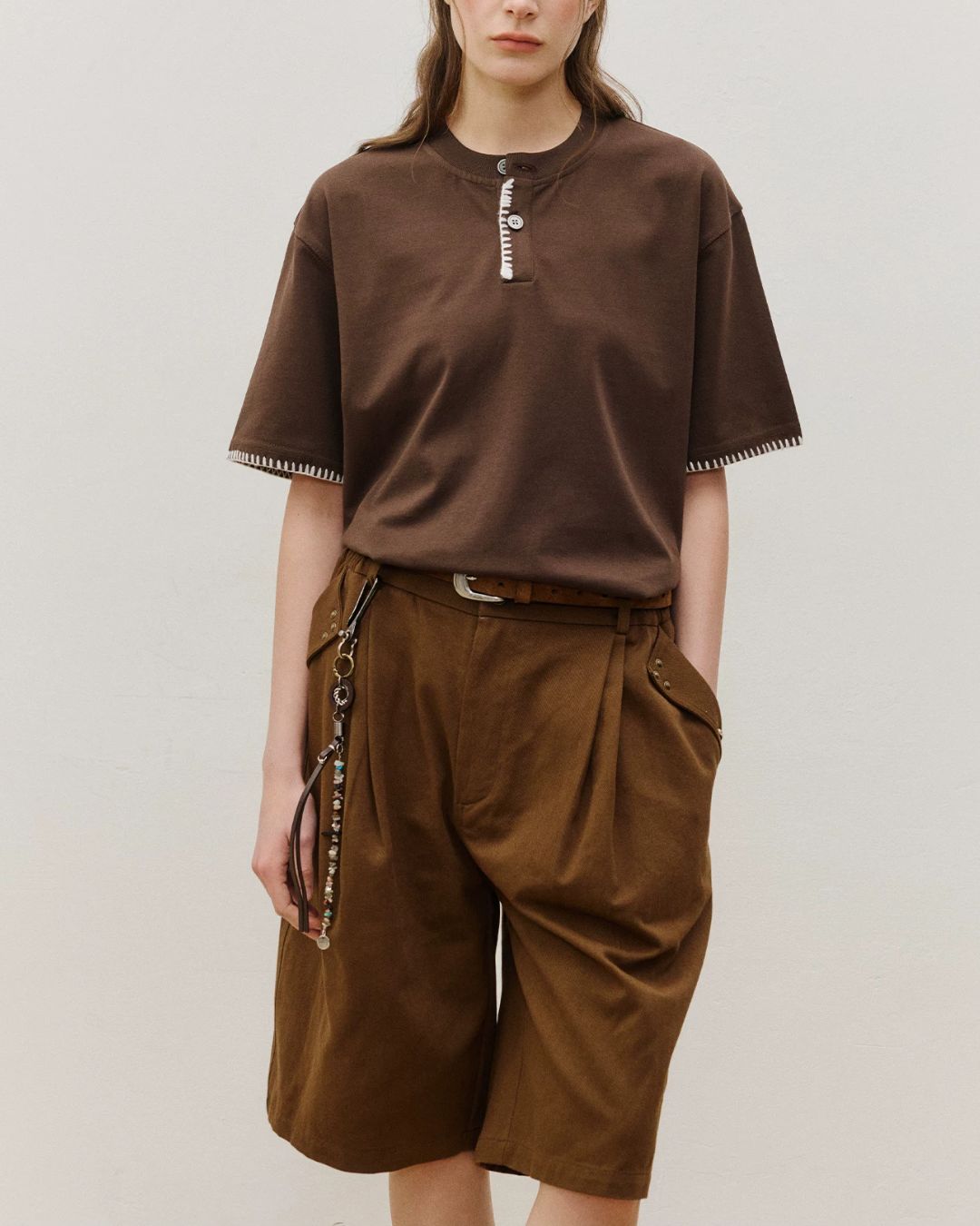 Stitched Henley Neck T-Shirt　ST198