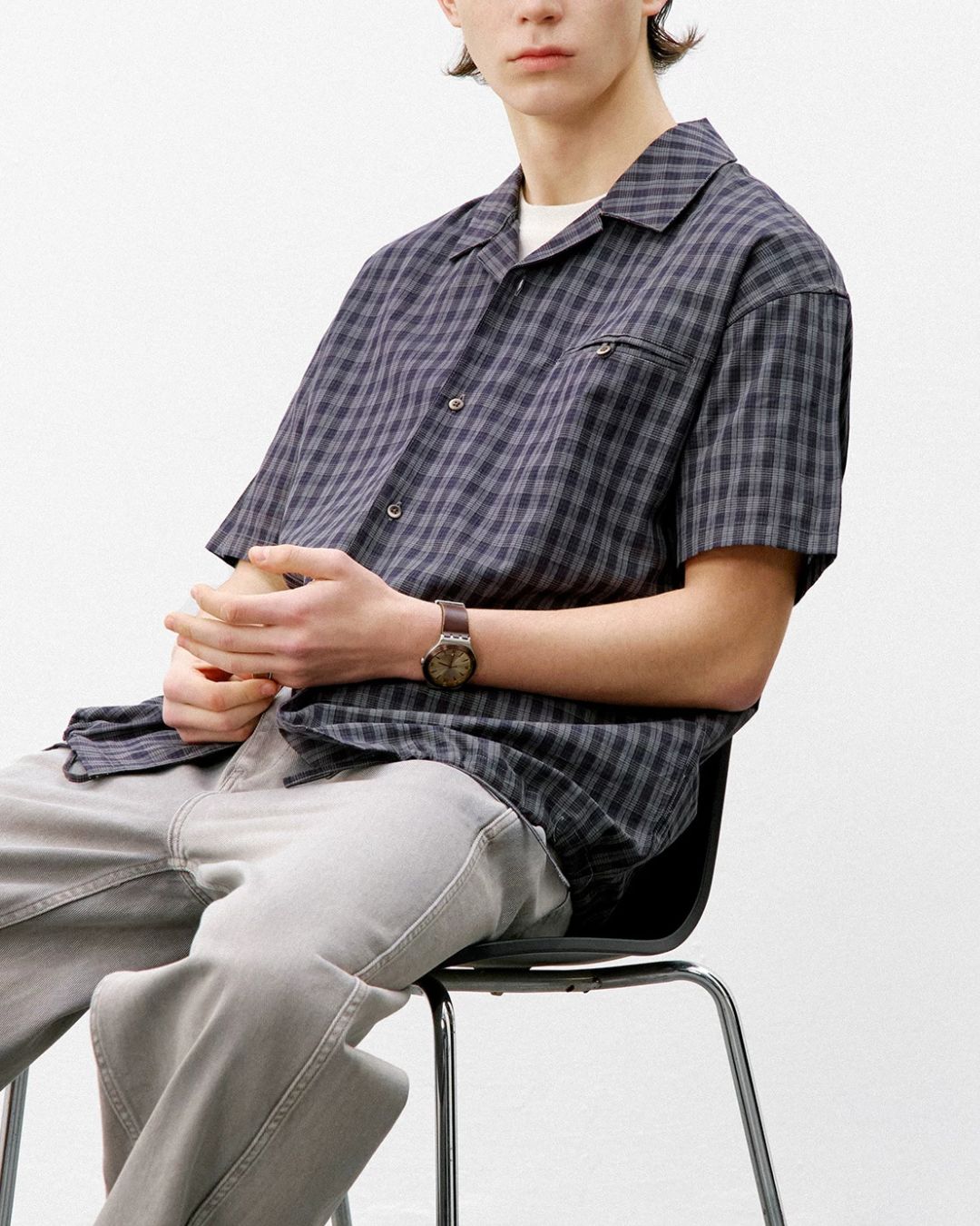 Open Collar Linen Check Shirt　SS083