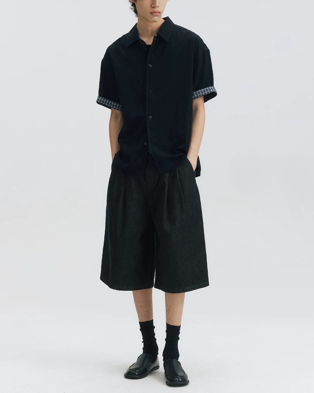 Checked Sleeve Nylon Blend Shirt　SS086