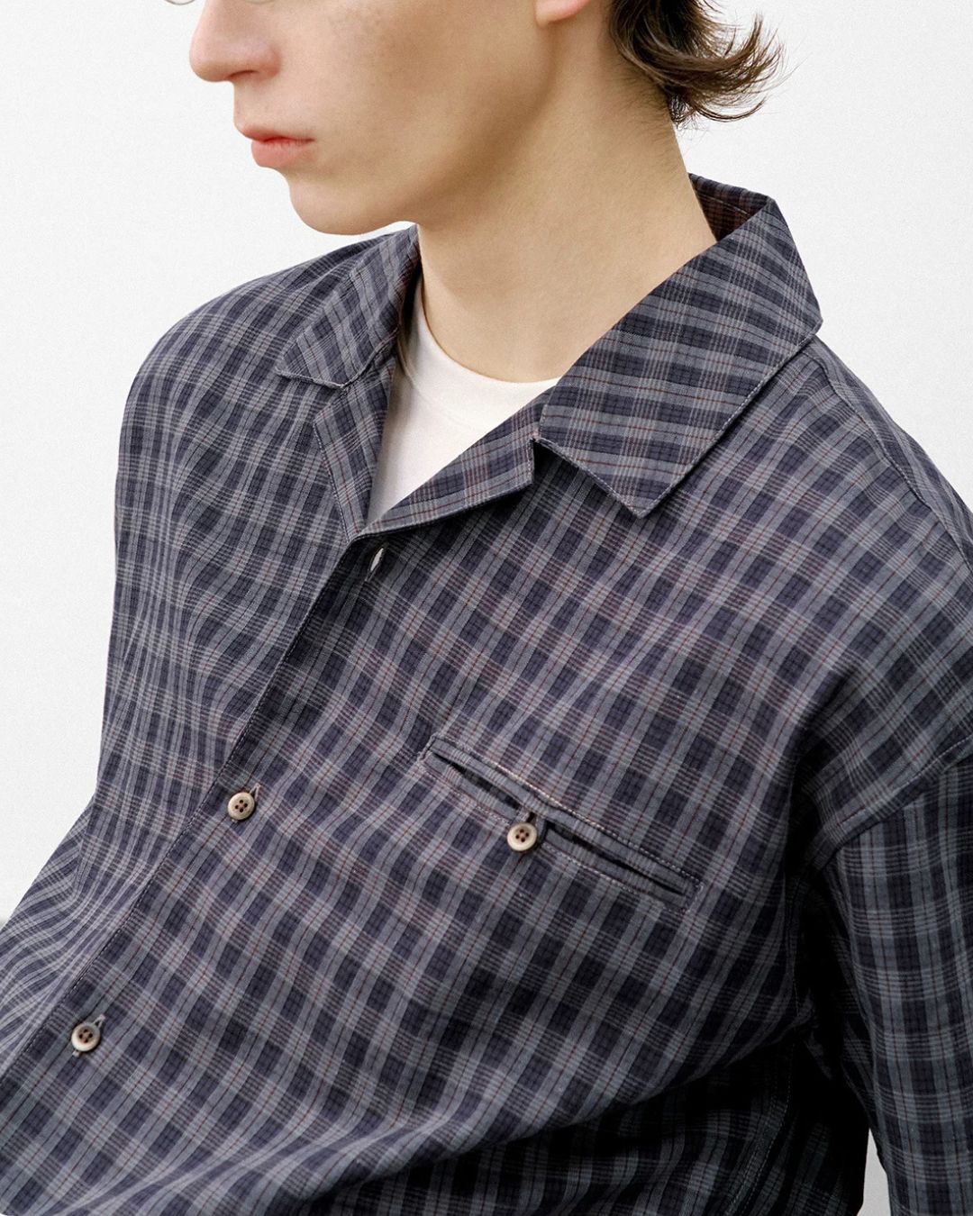 Open Collar Linen Check Shirt　SS083