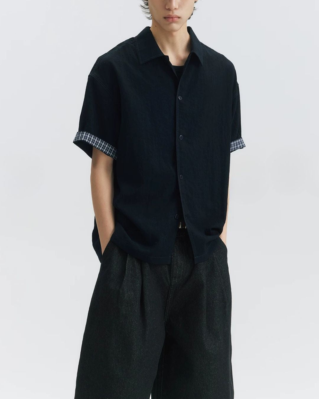 Checked Sleeve Nylon Blend Shirt　SS086
