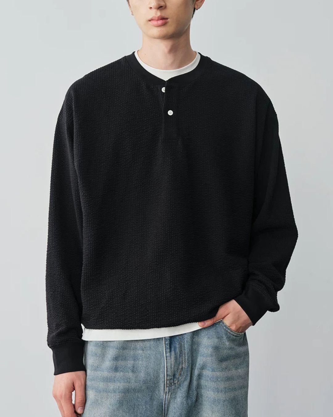 Waffle Henley Long-Sleeve T-Shirt　LT085