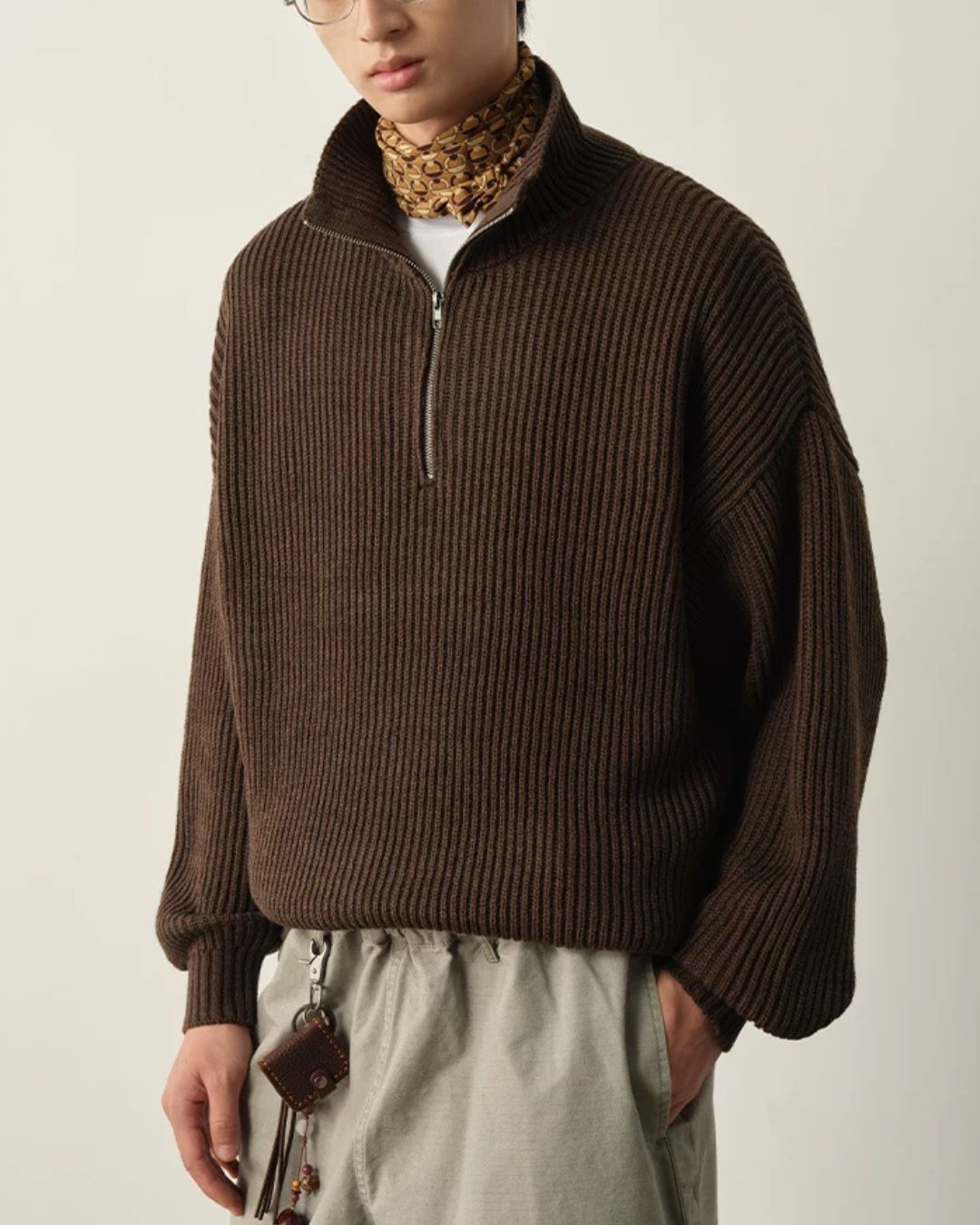 Wool Blend Ribbed Half Zip Knit　KN054