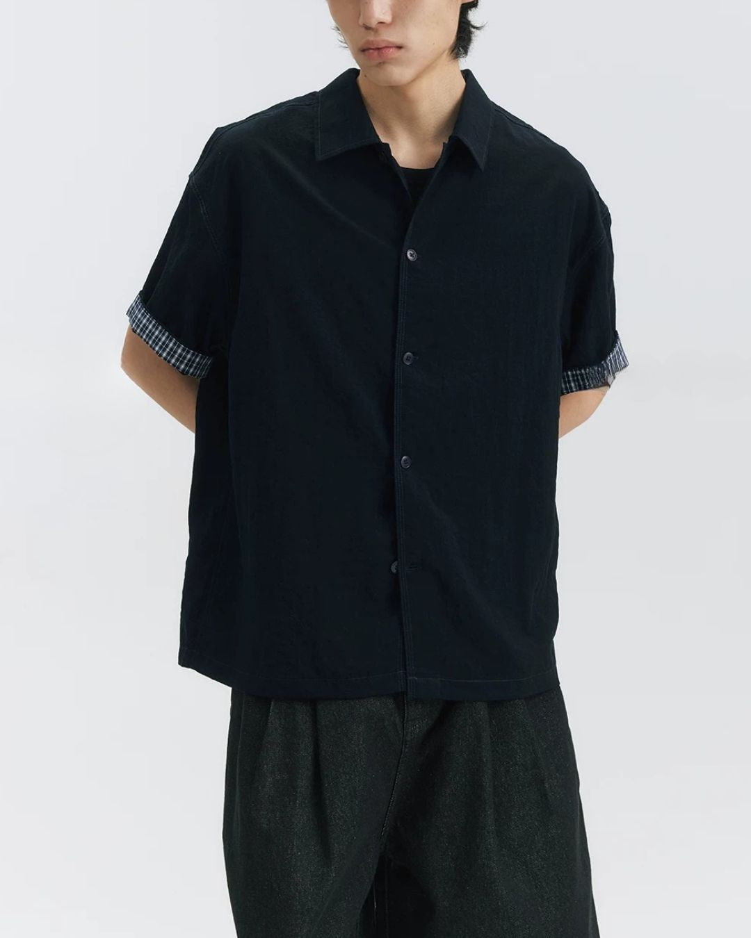 Checked Sleeve Nylon Blend Shirt　SS086