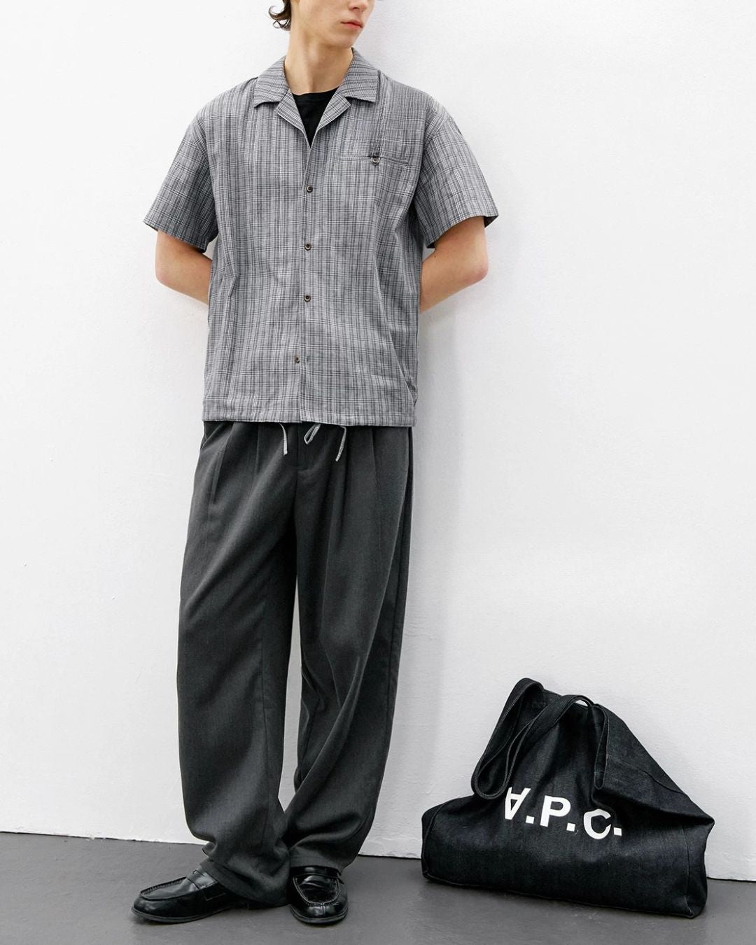 Open Collar Linen Check Shirt　SS083