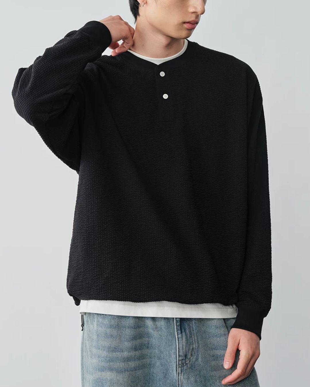 Waffle Henley Long-Sleeve T-Shirt　LT085