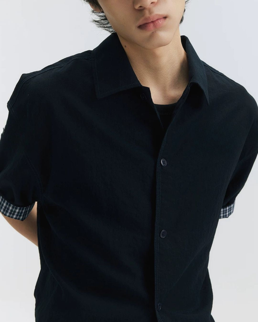 Checked Sleeve Nylon Blend Shirt　SS086