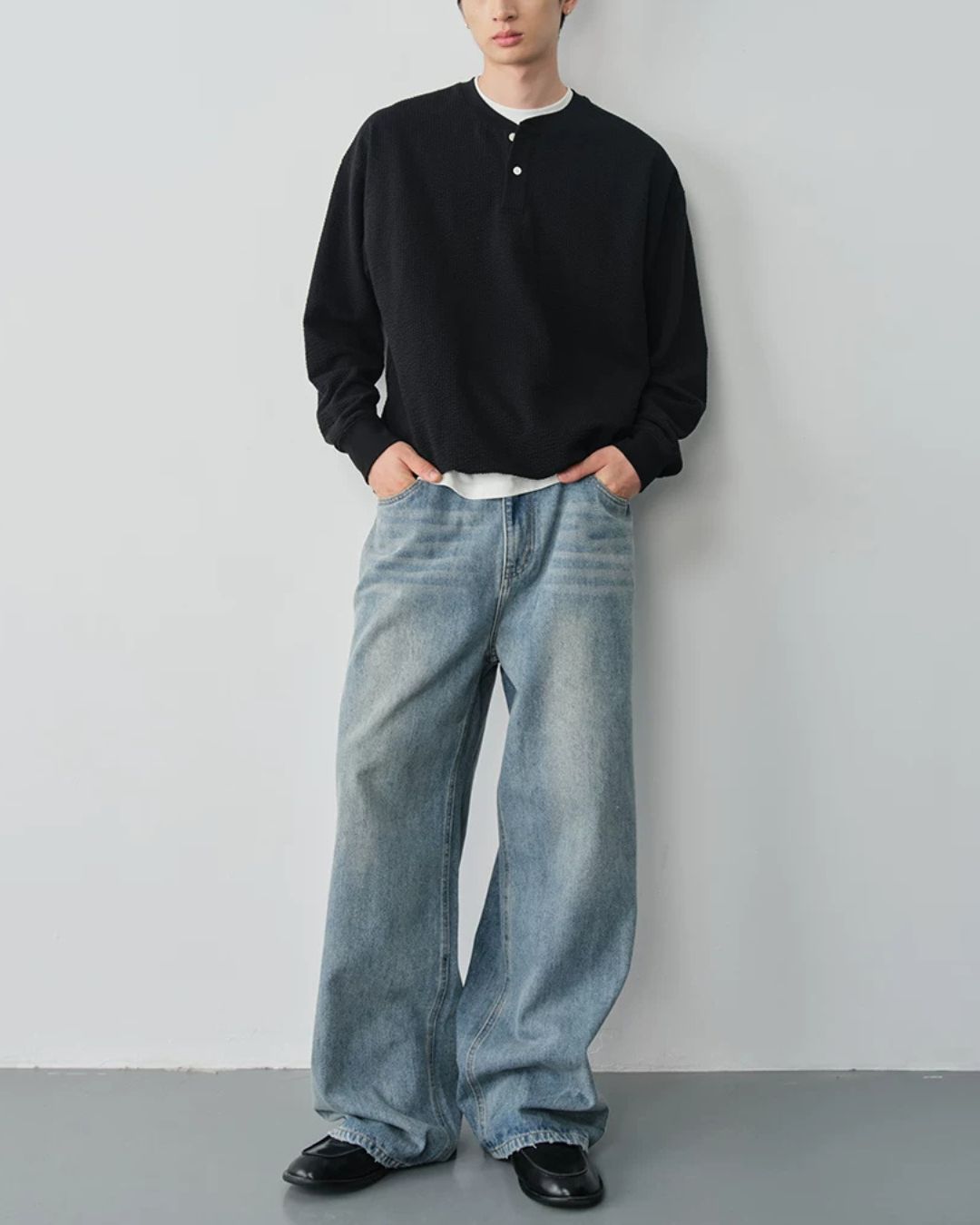 Waffle Henley Long-Sleeve T-Shirt　LT085