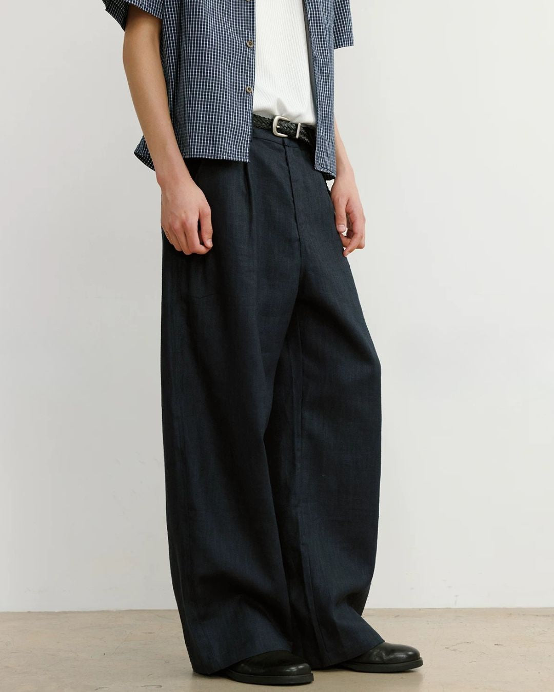 Linen-Blend Wide Pleated Pants　WP112