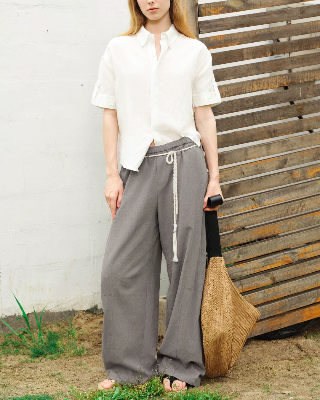 Tassel-Tie Curved Linen Pants　WP111