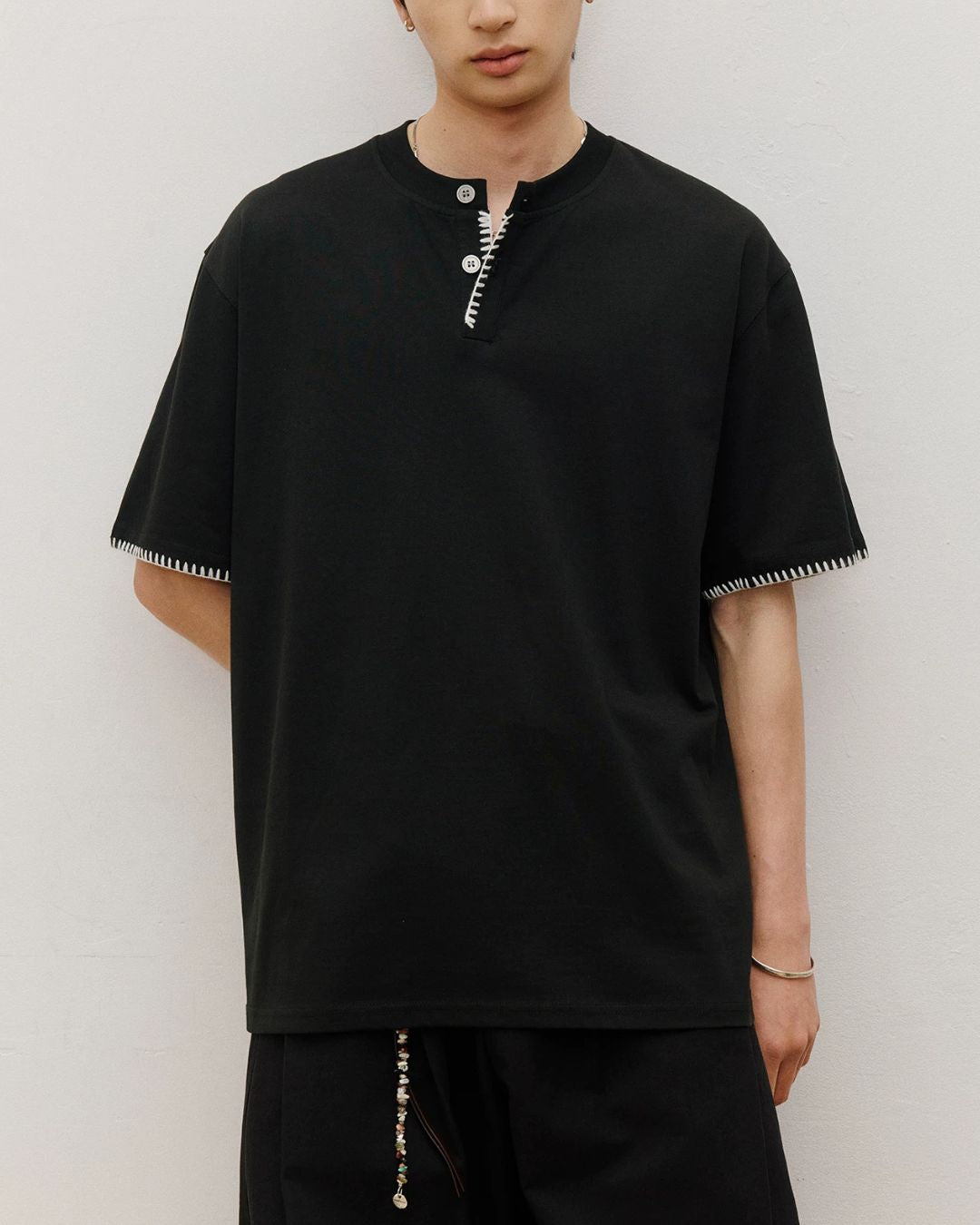 Stitched Henley Neck T-Shirt　ST198