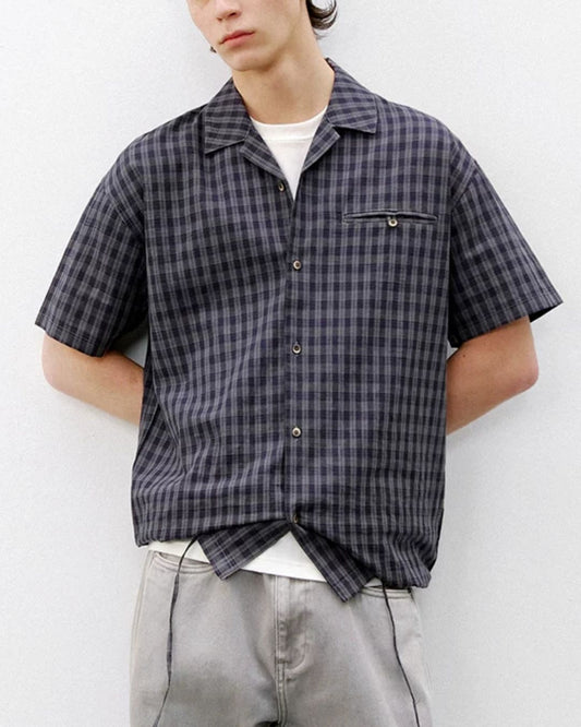 Open Collar Linen Check Shirt　SS083