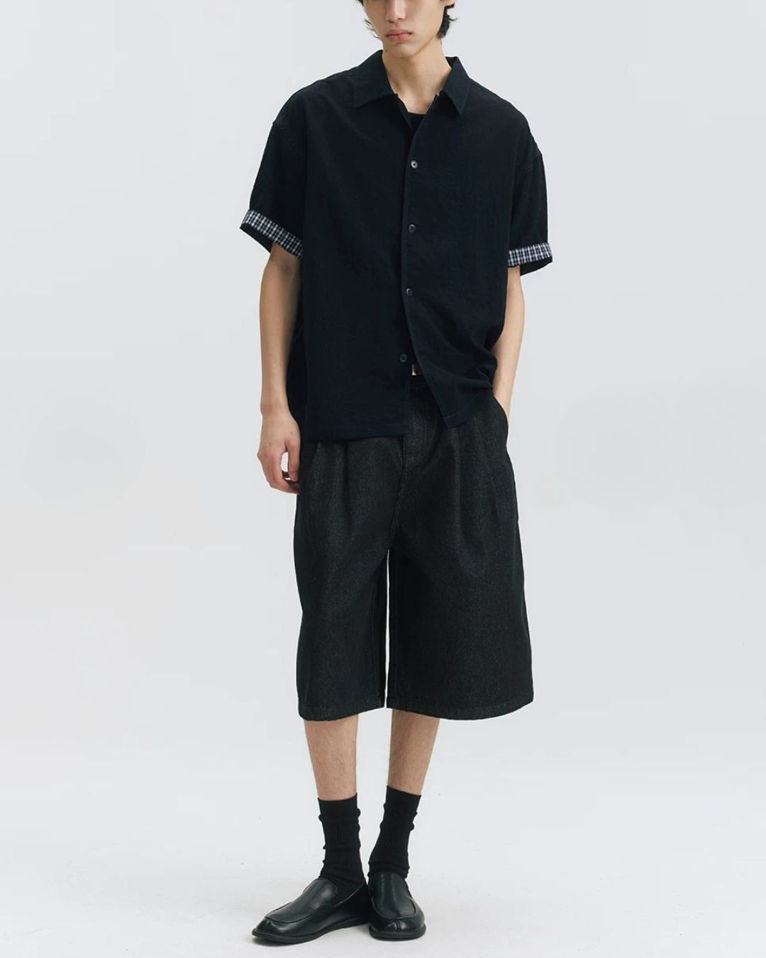 Checked Sleeve Nylon Blend Shirt　SS086