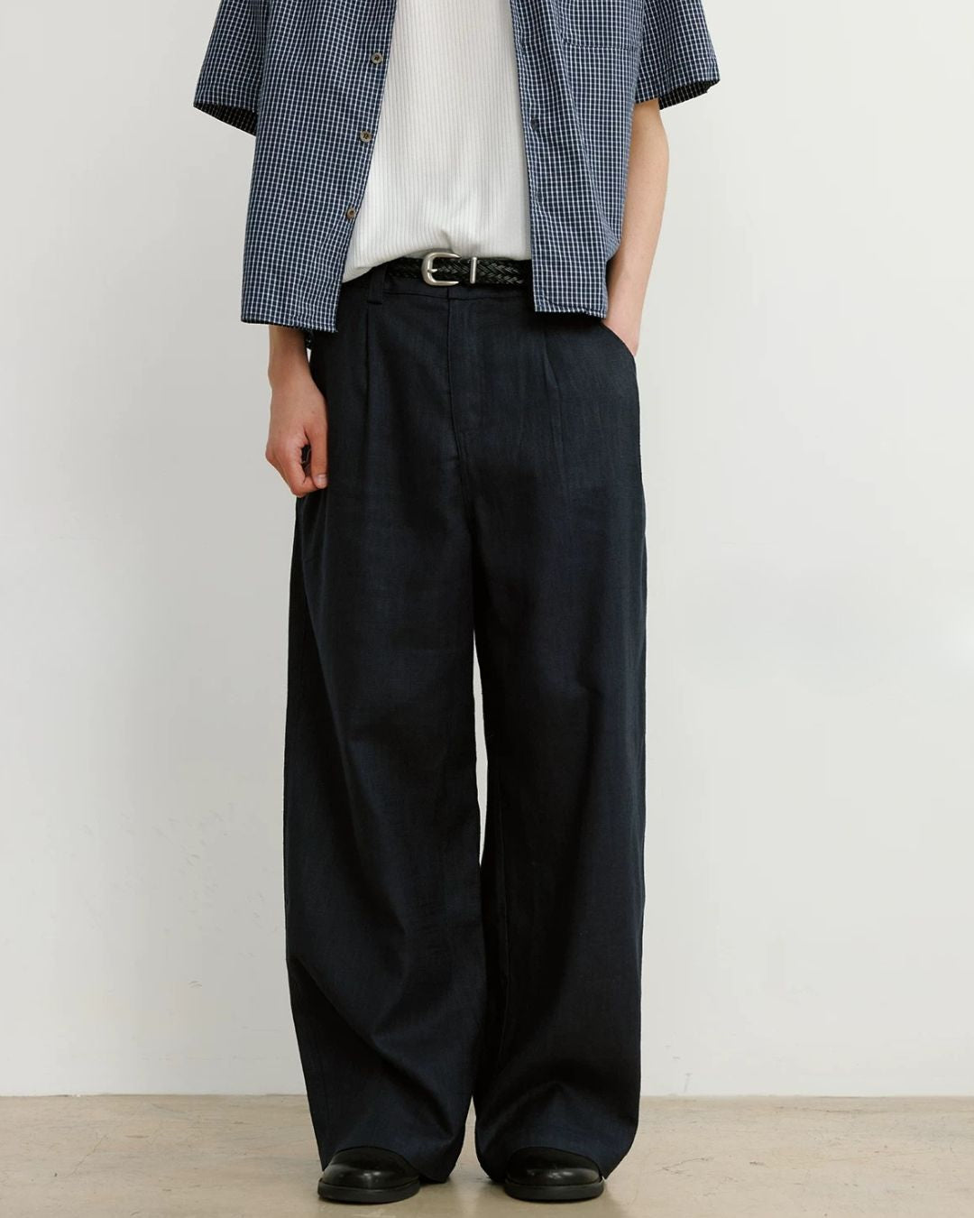 Linen-Blend Wide Pleated Pants　WP112