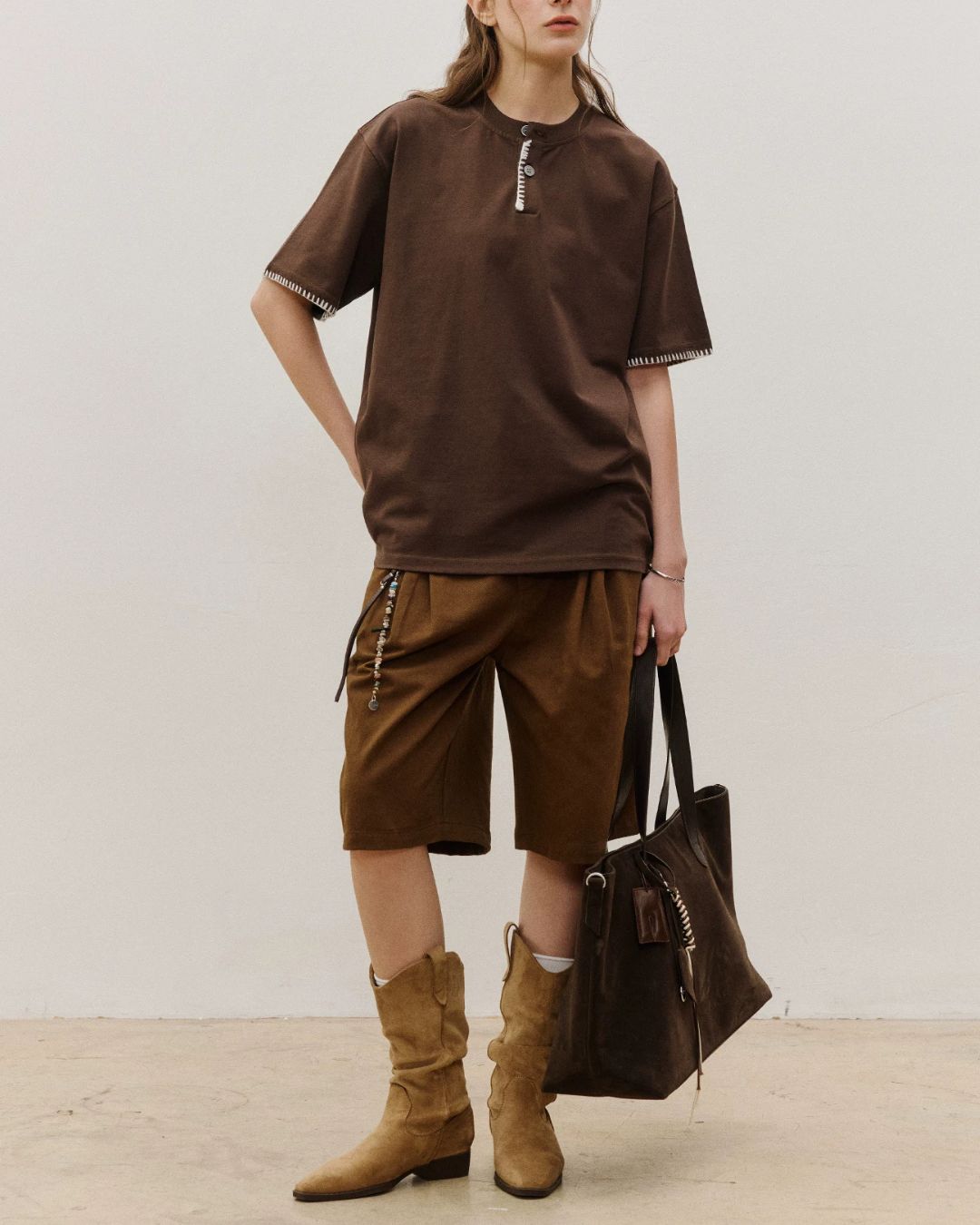 Stitched Henley Neck T-Shirt　ST198