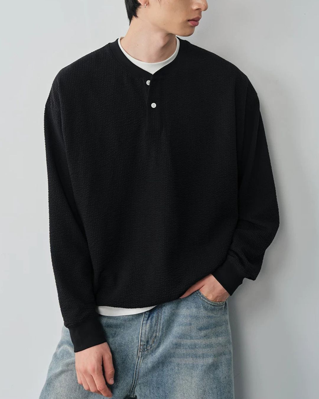Waffle Henley Long-Sleeve T-Shirt　LT085