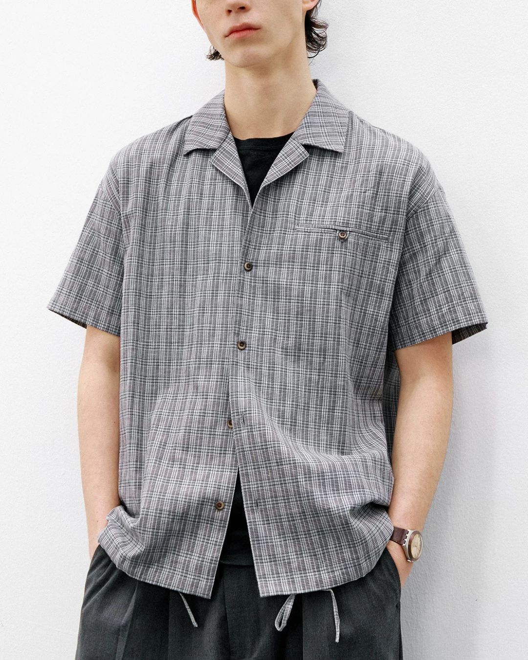 Open Collar Linen Check Shirt　SS083